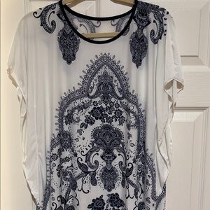 White & Navy Paisley Print Women’s Tunic Top